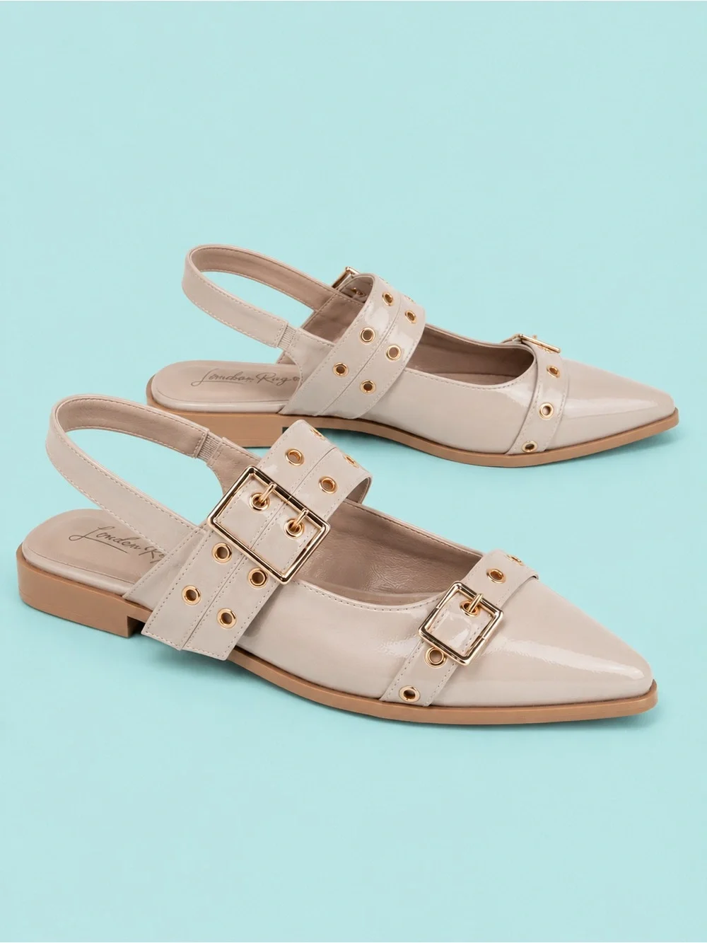 London Rag Betula Eyelet Buckle Slingback Pointed Toe Flats Taupe Size 10